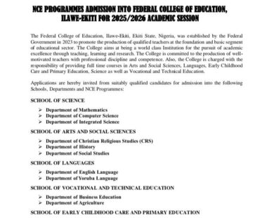 NCE PROGRAMMES ADMISSION INTO FEDERAL COLLEGE OF EDUCATION, ILAWE-EKITI FOR 2025/2026 ACADEMIC SESSION
