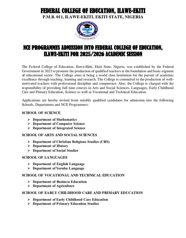 NCE PROGRAMMES ADMISSION INTO FEDERAL COLLEGE OF EDUCATION, ILAWE-EKITI FOR 2025/2026 ACADEMIC SESSION
