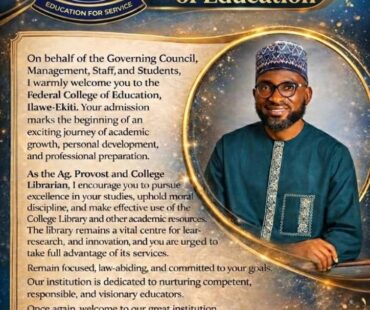 Ag. Provost and College Librarian, welcomes 2025/2026 Fresh Students to Federal College of Education, Ilawe-Ekiti
