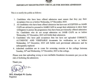 IMPORTANT REGISTRATION CIRCULAR FOR 2025/2026 ADMISSION!