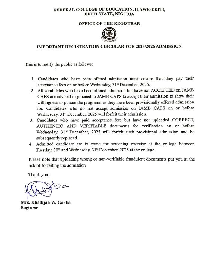 IMPORTANT REGISTRATION CIRCULAR FOR 2025/2026 ADMISSION!
