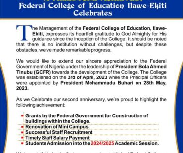 A MILESTONE ACHIEVED : FEDERAL COLLEGE OF EDUCATION, ILAWE-EKITI CELEBRATES