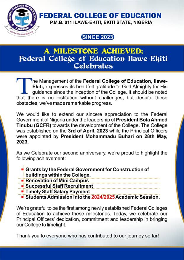 A MILESTONE ACHIEVED : FEDERAL COLLEGE OF EDUCATION, ILAWE-EKITI CELEBRATES