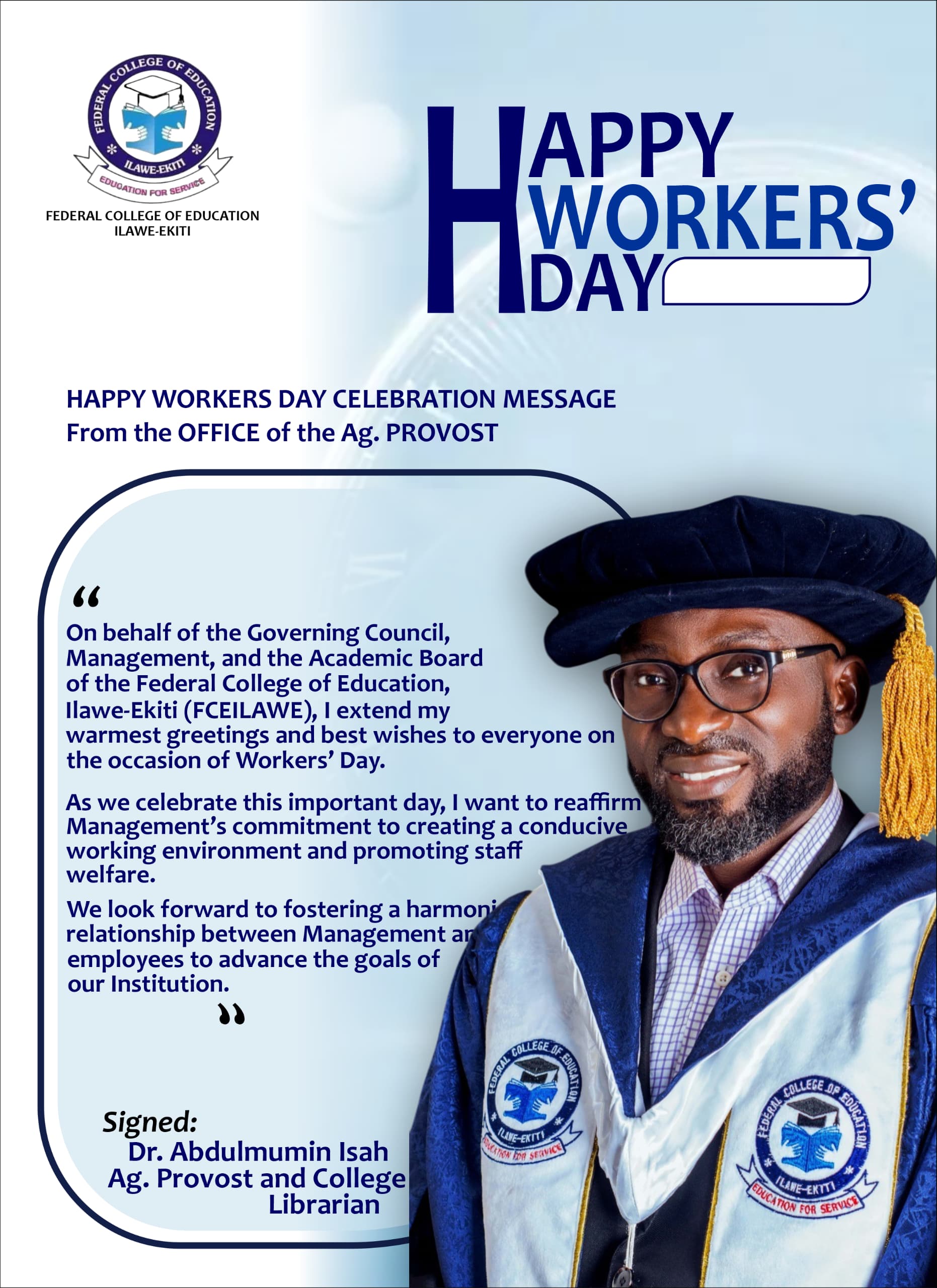WORKERS’ MAY DAY CELEBRATION MESSAGE 2026