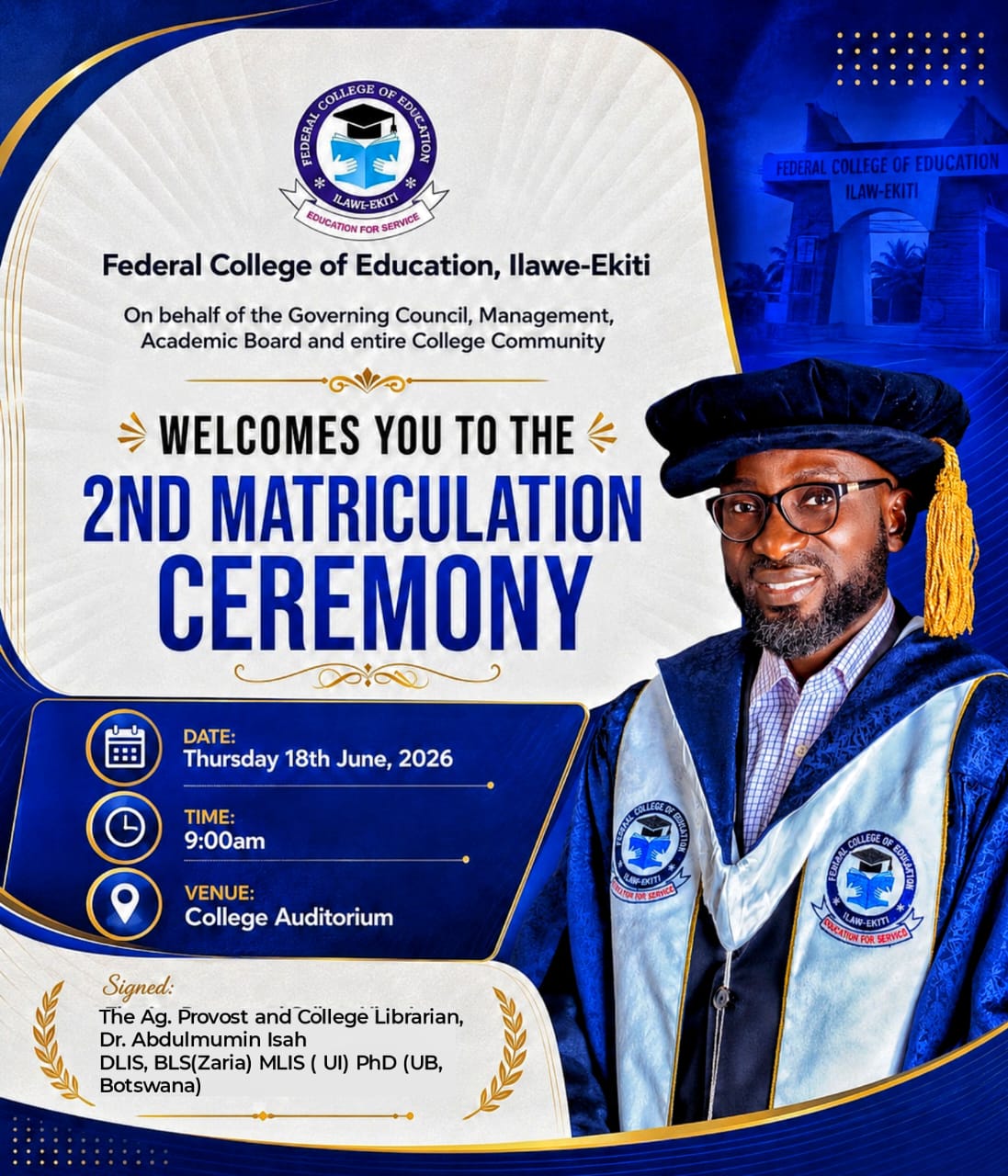 FCE, Ilawe-Ekiti welcomes you to 2nd Matriculation Ceremony