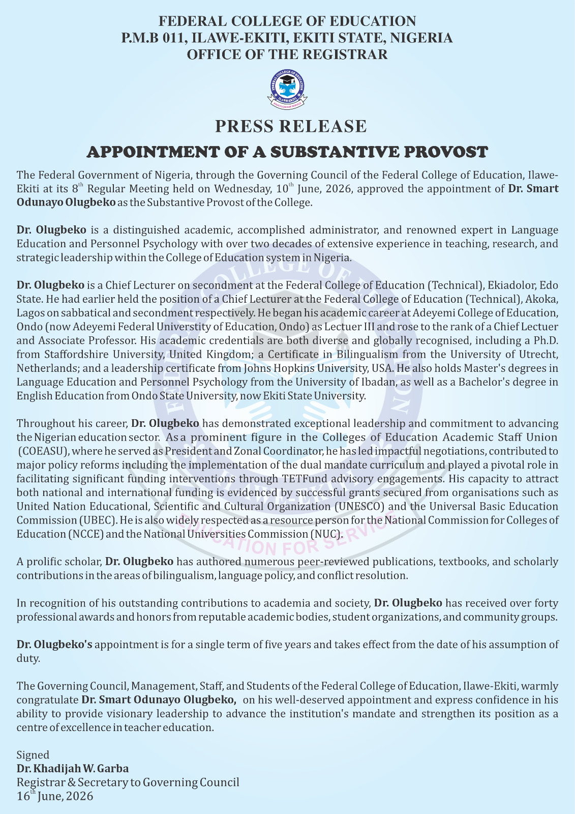 PRESS RELEASE